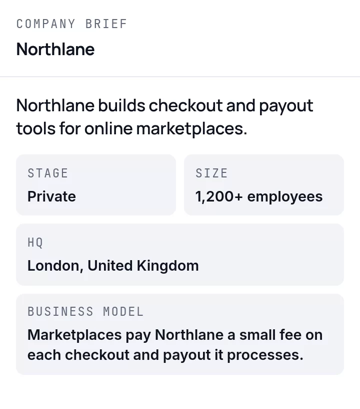 Company brief for a sample fintech, Northlane: a one-line summary, then stage, size, HQ and business model.