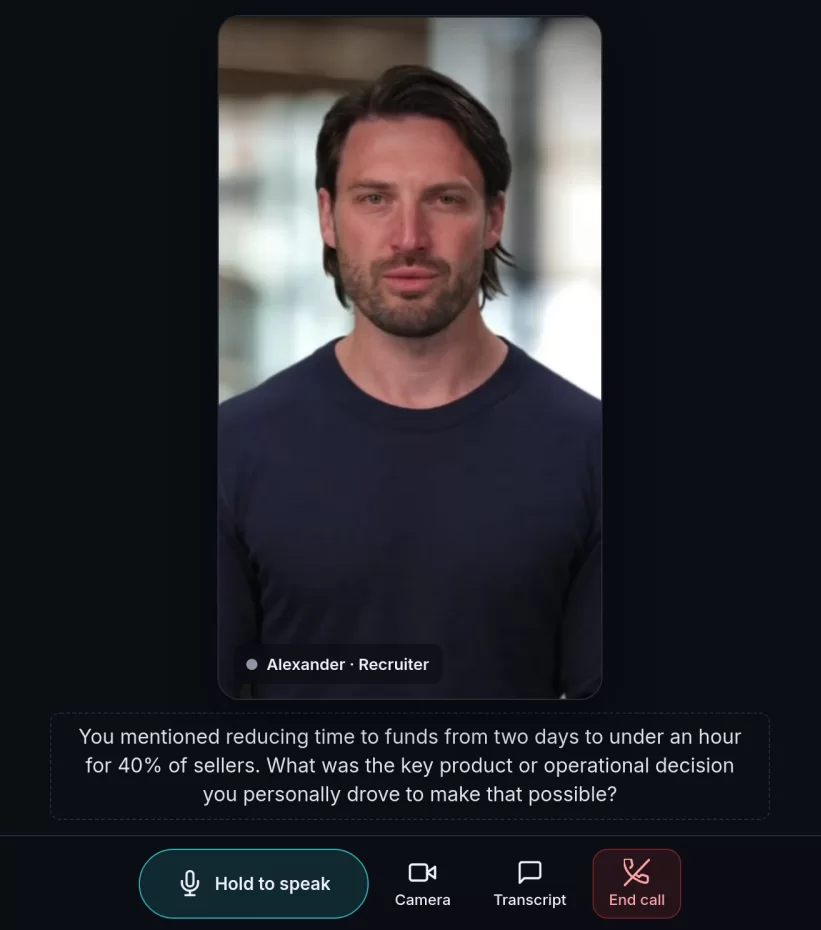 The AI interviewer Alexander on a practice call, his follow-up question captioned below and a Hold to speak button.