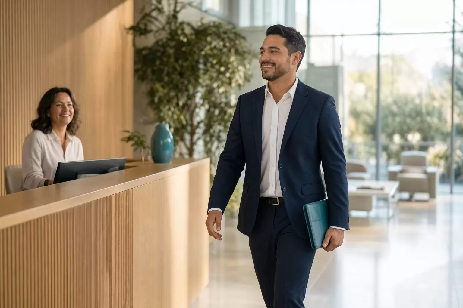 A smiling candidate in a navy blazer walks into a bright office lobby, past the reception desk