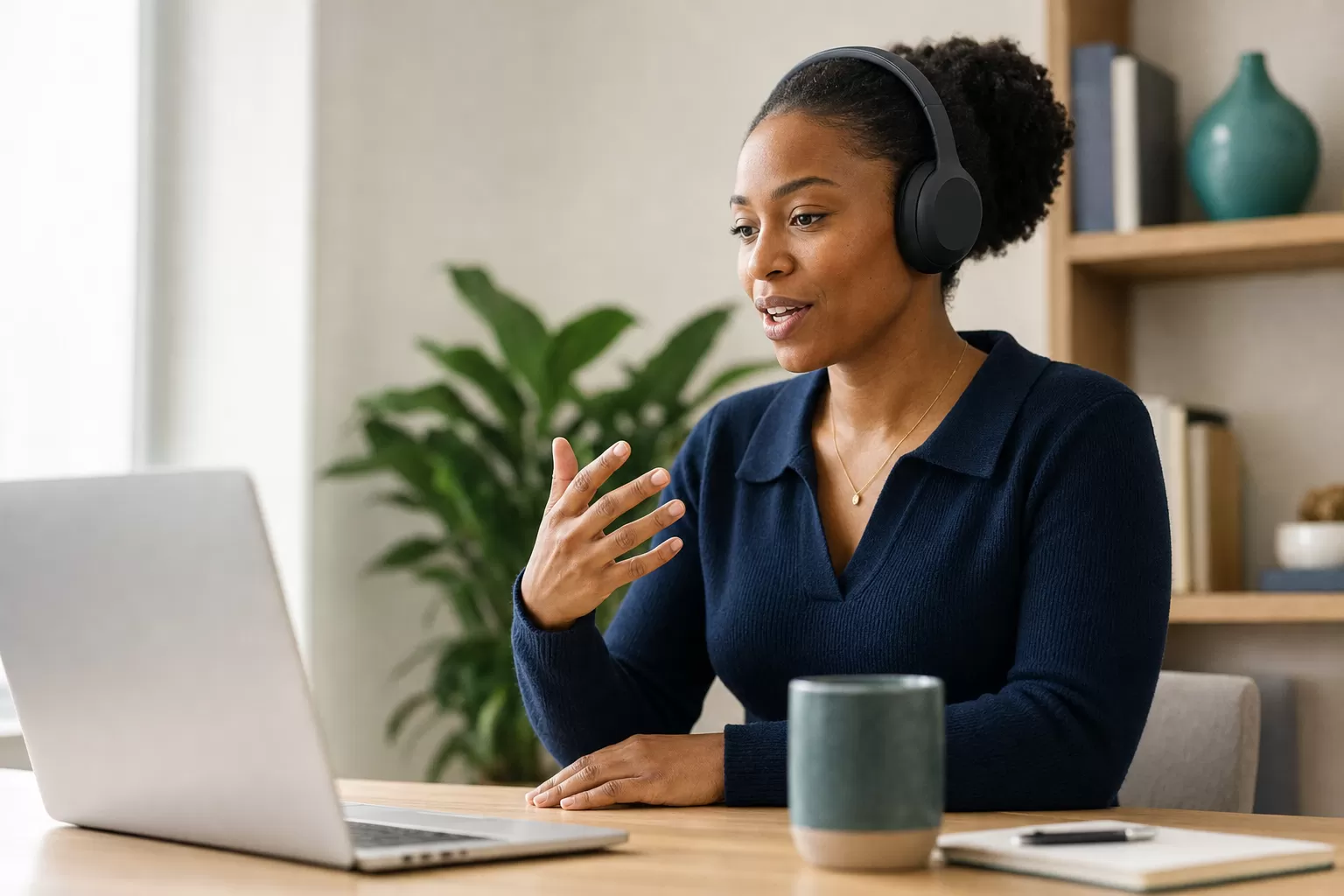 A candidate wearing headphones answers a practice video-interview question at her home desk, smiling confidently