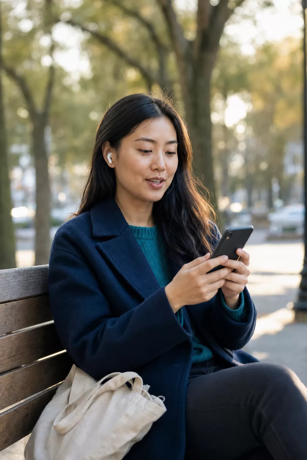A woman with earbuds practises interview answers on her phone on a park bench in soft morning light
